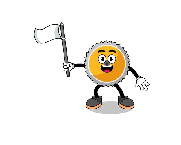 Cartoon Illustration of saw blade holding a white flag