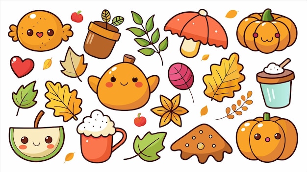 Vector a cartoon illustration of a set of different things including a fish munchkin munchies and autumn leaves