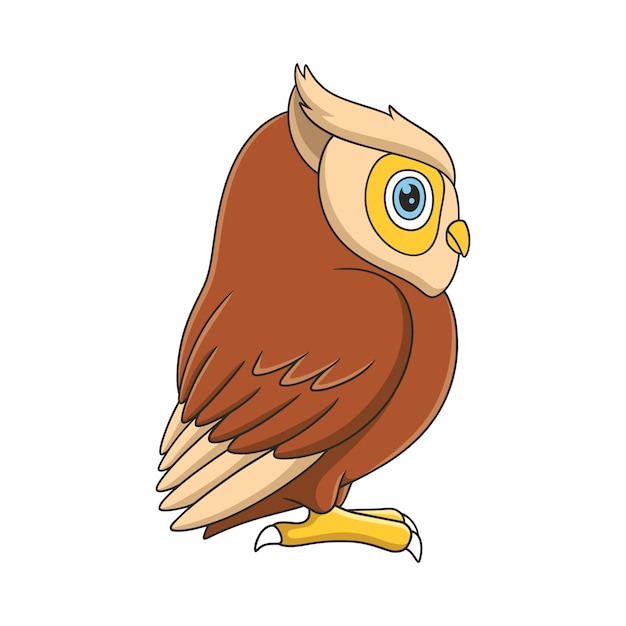 cartoon illustration side view of an owl perched on a large rock under a thick forest tree at noon