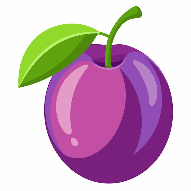 Vector cartoon illustration of a single purple plum with a green leaf