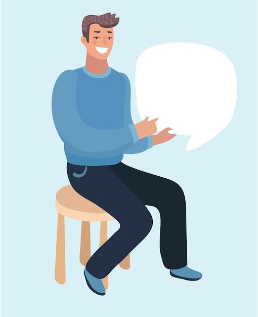 cartoon illustration of sitting man hold text messages speech bublle