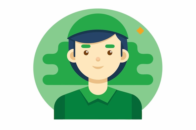 Vector cartoon illustration of a smiling man with green eyes and a green shirt