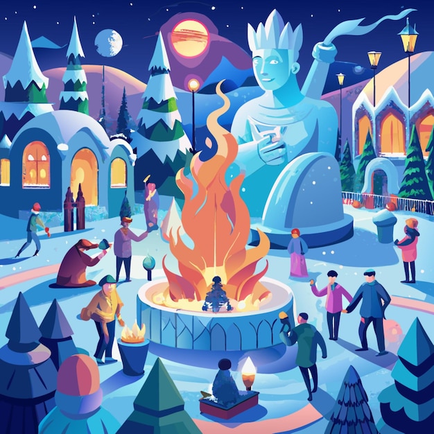 a cartoon illustration of a snow scene with a group of people around a fire place