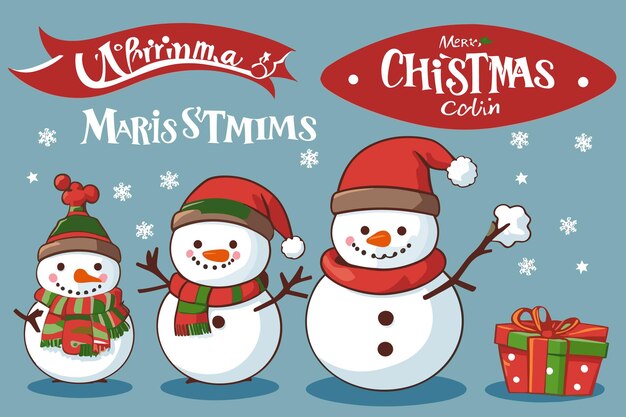 a cartoon illustration of snowmen and a santa claus christmas card.