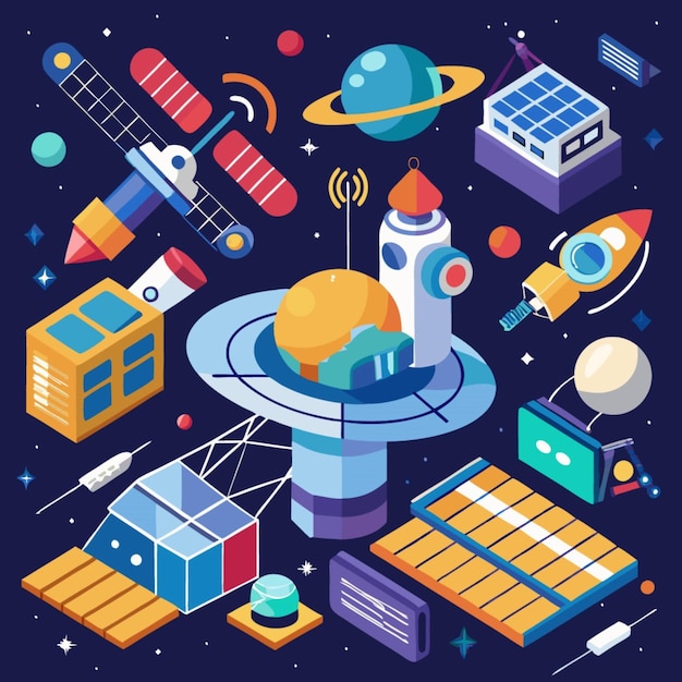 a cartoon illustration of a space station with many boxes and space shuttles