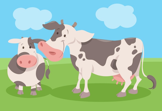 Cartoon illustration of spotted cow farm animal character with calf