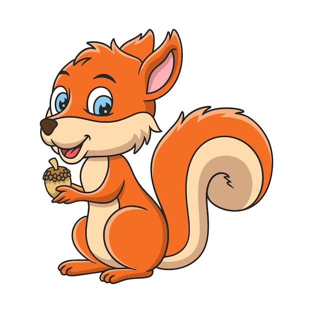 Cartoon illustration the squirrel is getting ready to eat the pine tree seeds on the big lush tree with fruit on it book or page for kids black and white