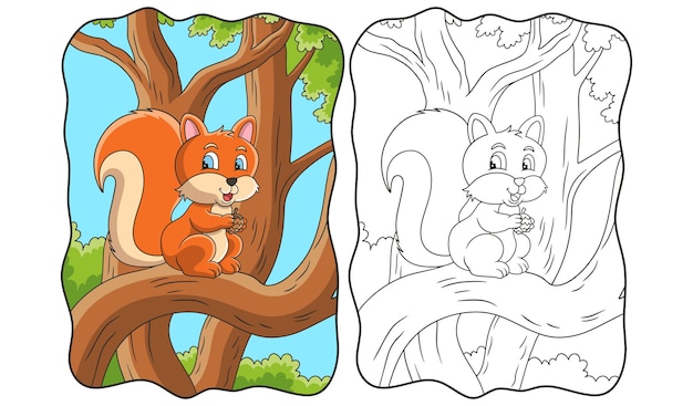 Cartoon illustration the squirrel is sitting on a tree trunk in the middle of the forest book or page for kids