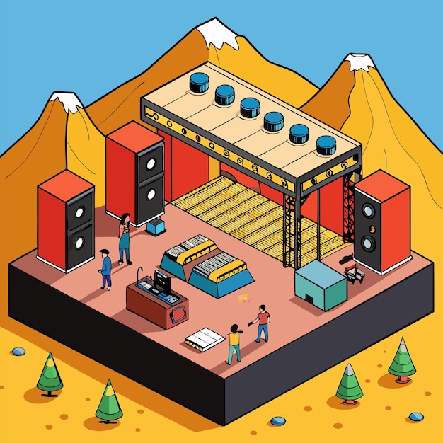 a cartoon illustration of a stage with a mountain in the background