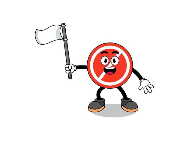 Cartoon Illustration of stop sign holding a white flag character design