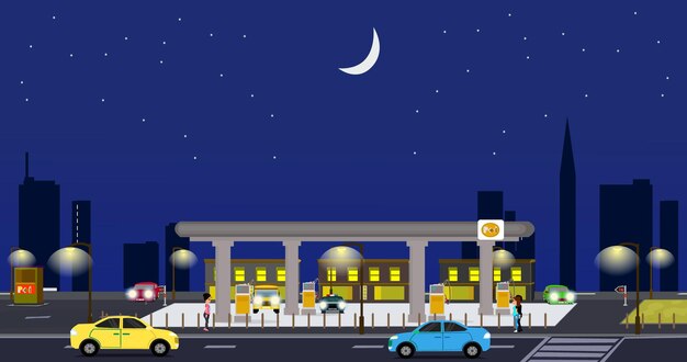 Vector a cartoon illustration of a store with a yellow car and a blue sky with a moon above it