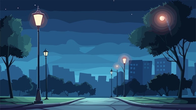 Vector a cartoon illustration of a street with street lights and a tree in the background