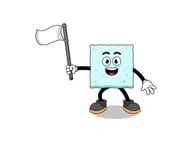 Cartoon Illustration of sugar cube holding a white flag character design