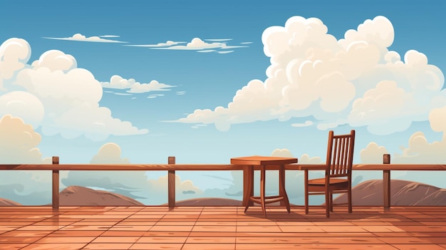 Vector a cartoon illustration of a table and chairs with a sky and clouds in the background