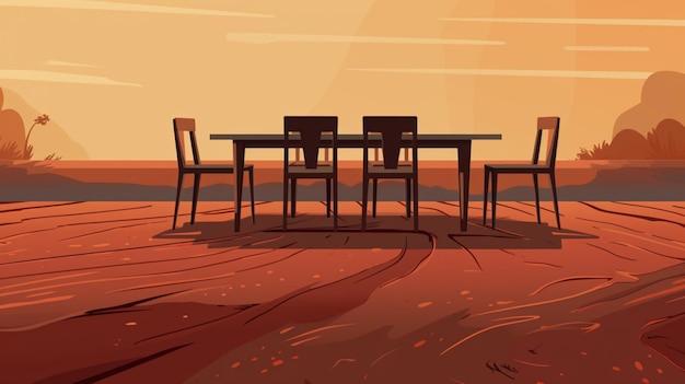 Vector a cartoon illustration of a table and chairs with a sunset in the background