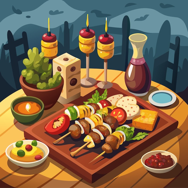 Vector a cartoon illustration of a table with food and a bottle of wine