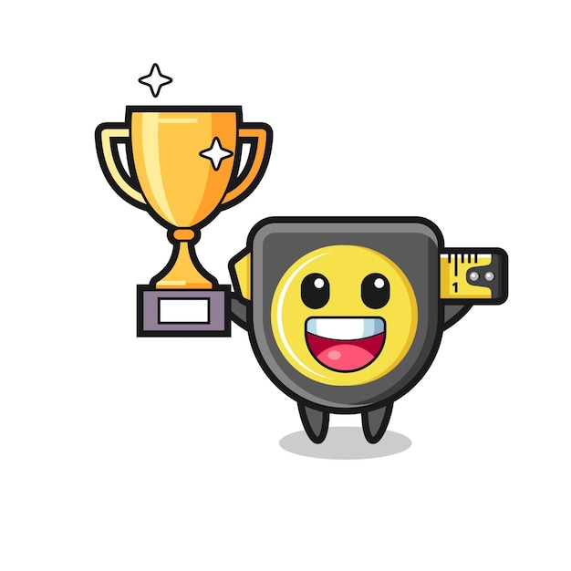 Cartoon Illustration of tape measure is happy holding up the golden trophy , cute design