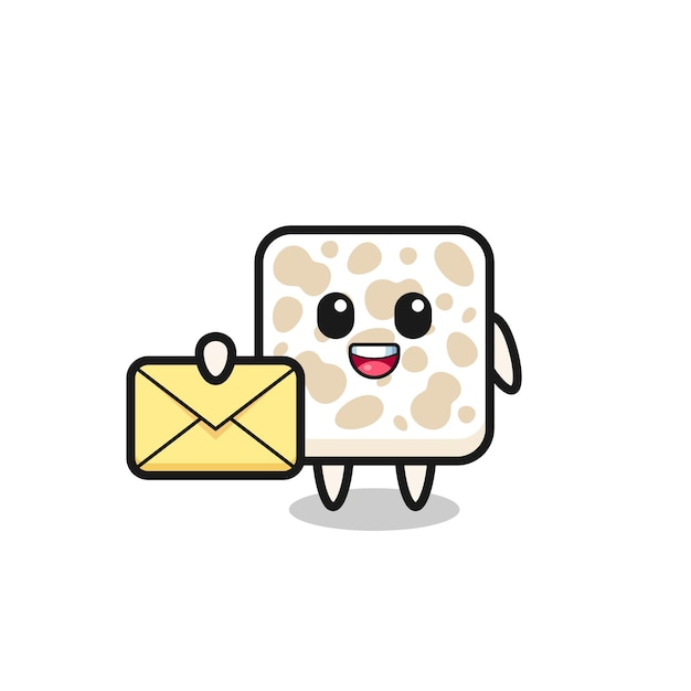 Cartoon illustration of tempeh holding a yellow letter