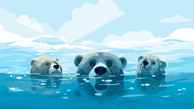 a cartoon illustration of three polar bears swimming in the water