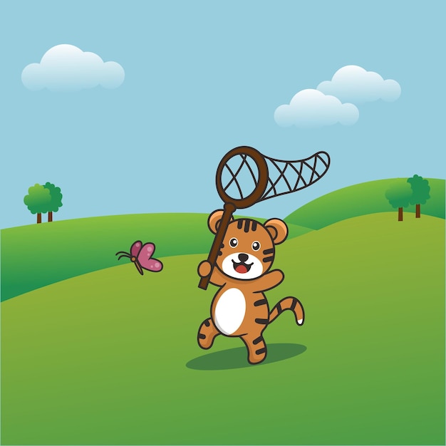 A cartoon illustration of a tiger holding a butterfly net.