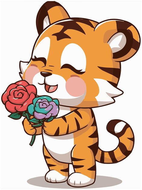 Vector a cartoon illustration of a tiger with roses