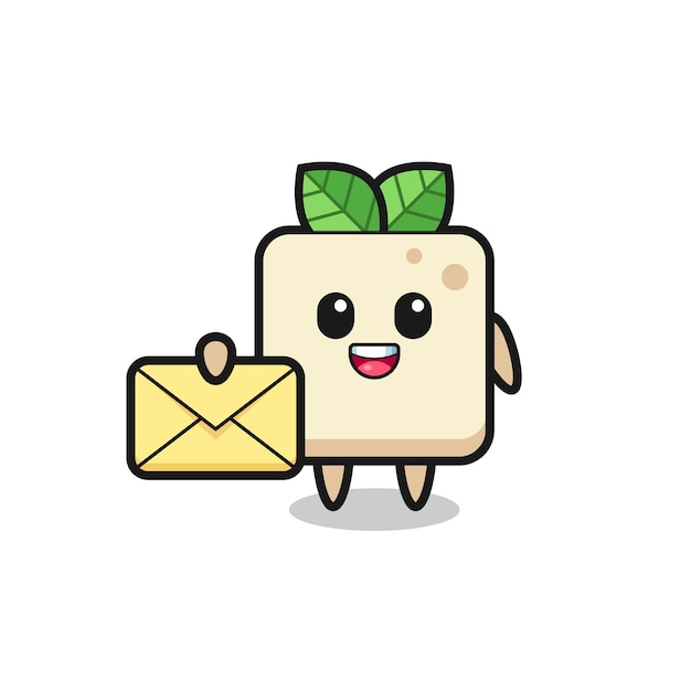 Cartoon illustration of tofu holding a yellow letter , cute style design for t shirt, sticker, logo element