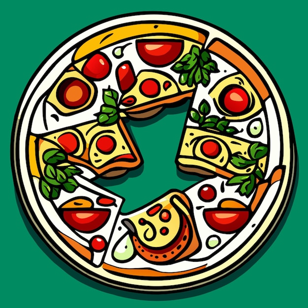 cartoon illustration of a traditional set of pizza doodle vector illustration