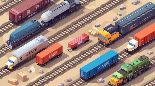 Vector a cartoon illustration of a train with a bunch of trucks and a train with the word cargo on the side