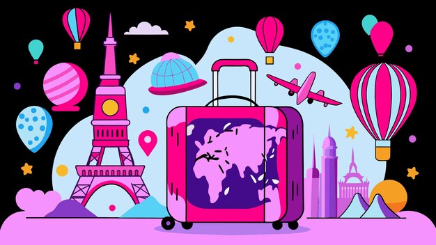 a cartoon illustration of a travel bag with the world on it