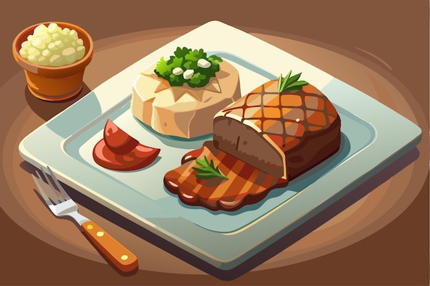 Vector a cartoon illustration of a tray of food with a knife and fork