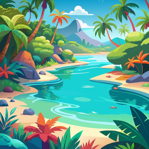 a cartoon illustration of a tropical scene with a river and mountains