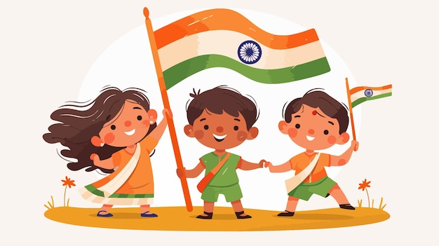 a cartoon illustration of two children holding hands with a flag