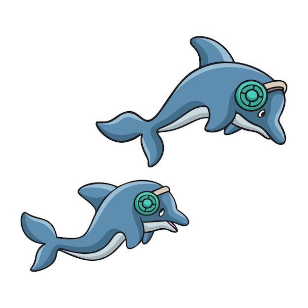 Cartoon illustration two dolphins swimming wearing headset