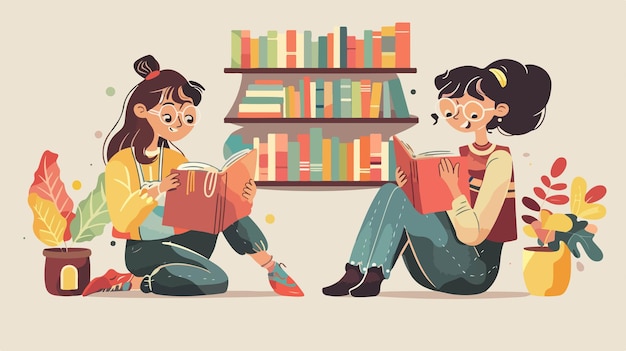 a cartoon illustration of two girls reading books