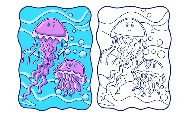 Cartoon illustration two jellyfish are swimming in the sea with big waves book or page for kids