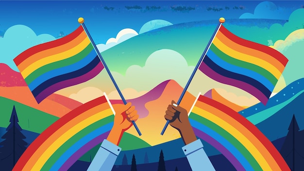 Vector a cartoon illustration of two people holding flags that say rainbow