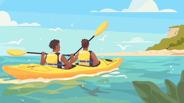 Vector a cartoon illustration of two people kayaking in the ocean