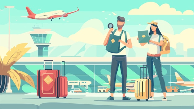 a cartoon illustration of two people with a plane and a sign that says quot travel quot