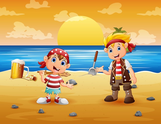 Cartoon illustration of two pirate kids in the beach