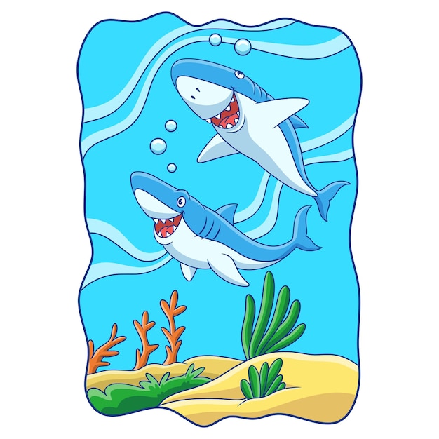 Cartoon illustration two sharks are hunting their prey in the sea