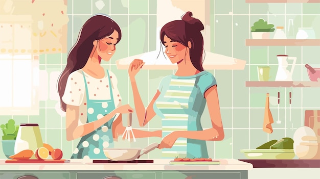 Vector a cartoon illustration of two women cooking in a kitchen