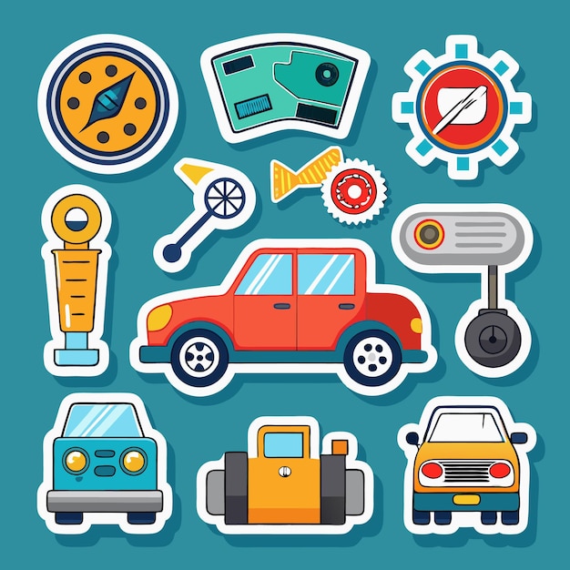 Cartoon Illustration of Various Car Stickers with a Red Car in the Center