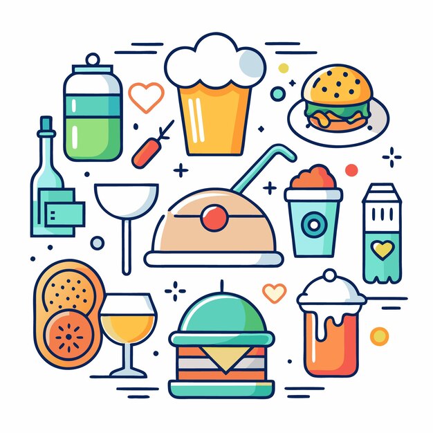 Vector cartoon illustration of various food and drink items including a burger beer milk and wine