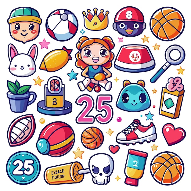 Cartoon illustration of various sportsrelated items