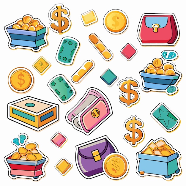 Vector cartoon illustration of various stickers with coins and purses