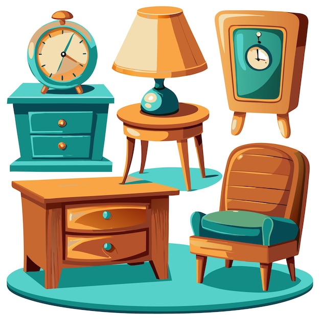 Vector cartoon illustration of various vintage furniture including a bedside table lamp armchair and clock