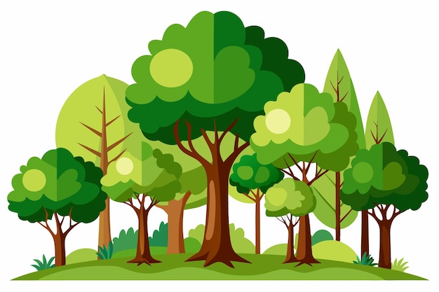 A cartoon illustration of a verdant forest with various trees and foliage