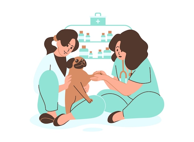 Vector a cartoon illustration of a veterinarian administering a vaccination to a dog in a clinic