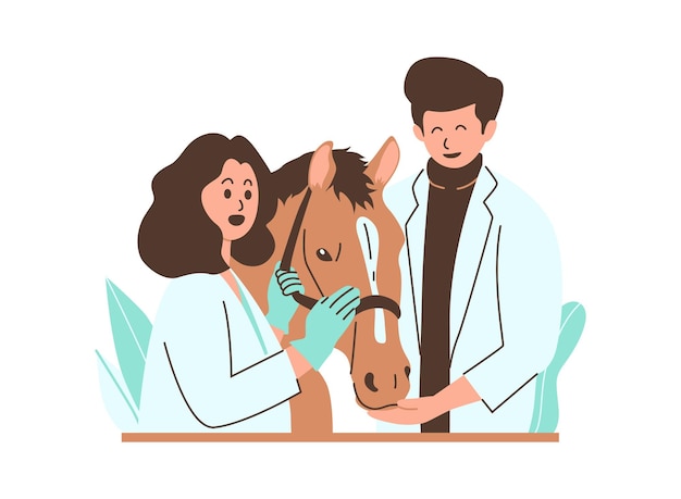 Vector a cartoon illustration of a veterinarian examining a horse in a clinic while the horses owner look