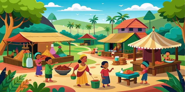 Vector a cartoon illustration of a village with people and a woman with a bucket of food